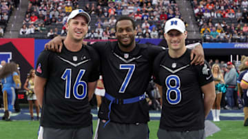 LAS VEGAS, NEVADA - FEBRUARY 05: NFC players Jared Goff #16 of the Detroit Lions, Geno Smith #7 of the Seattle Seahawks and Kirk Cousins #8 of the Minnesota Vikings are introduced during the 2023 NFL Pro Bowl Games at Allegiant Stadium on February 05, 2023 in Las Vegas, Nevada. (Photo by Ethan Miller/Getty Images)