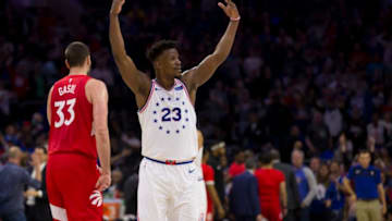 PHILADELPHIA, PA - MAY 09: Jimmy Butler #23 of the Philadelphia 76ers reacts in front of Marc Gasol #33 of the Toronto Raptors at the end of the second quarter of Game Six of the Eastern Conference Semifinals at the Wells Fargo Center on May 9, 2019 in Philadelphia, Pennsylvania. NOTE TO USER: User expressly acknowledges and agrees that, by downloading and or using this photograph, User is consenting to the terms and conditions of the Getty Images License Agreement. (Photo by Mitchell Leff/Getty Images)