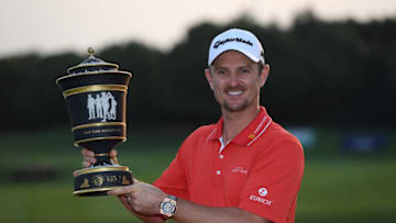 SHANGHAI, CHINA - OCTOBER 29: Justin Rose of England celebrates with the winners trophy after the final round of the WGC - HSBC Champions at Sheshan International Golf Club on October 29, 2017 in Shanghai, China. (Photo by Ross Kinnaird/Getty Images)