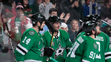 DALLAS, TX - FEBRUARY 3: Jamie Benn #14, Alexander Radulov #47, Tyler Seguin #91 and the Dallas Stars celebrate a goal against the Minnesota Wild at the American Airlines Center on February 3, 2018 in Dallas, Texas. (Photo by Glenn James/NHLI via Getty Images)