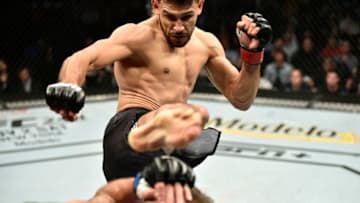 BOSTON, MASSACHUSETTS - OCTOBER 18: (R-L) Yair Rodriguez kicks Jeremy Stephens in their featherweight bout during the UFC Fight Night event at TD Garden on October 18, 2019 in Boston, Massachusetts. (Photo by Chris Unger/Zuffa LLC via Getty Images)
