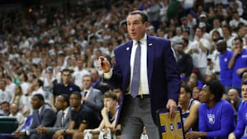 EAST LANSING, MICHIGAN - DECEMBER 03: Head coach Mike Krzyzewski of the Duke basketball team reacts from the bench while playing the Michigan State Spartans at the Breslin Center on December 03, 2019 in East Lansing, Michigan. (Photo by Gregory Shamus/Getty Images)