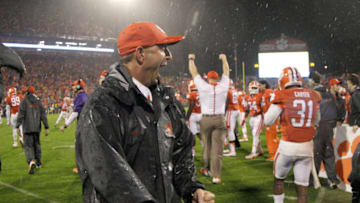 CLEMSON, SC - OCTOBER 3: Head Coach Dabo Swinney of the Cemson Tigers celebrates after defeating the Notre Dame Fighting Irish 24-22 at Clemson Memorial Stadium on October 3, 2015 in Clemson, South Carolina. (Photo by Tyler Smith/Getty Images)
