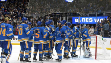 ST. LOUIS, MO - APRIL 06: Blues players celebrate after winning a NHL game between the Vancouver Canucks and the St. Louis Blues on April 06, 2019, at Enterprise Center, St. Louis, Mo. (Photo by Keith Gillett/Icon Sportswire via Getty Images)