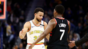 SAN FRANCISCO, CALIFORNIA - MARCH 05: Stephen Curry #30 of the Golden State Warriors shakes hands with Kyle Lowry #7 of the Toronto Raptors after the Raptors beat the Warriors at Chase Center on March 05, 2020 in San Francisco, California. NOTE TO USER: User expressly acknowledges and agrees that, by downloading and or using this photograph, User is consenting to the terms and conditions of the Getty Images License Agreement. (Photo by Ezra Shaw/Getty Images)