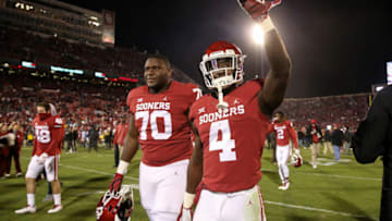 Nov 10, 2018; Norman, OK, USA; Oklahoma Sooners running back Trey Sermon (4) reacts after the game against the Oklahoma State Cowboys at Gaylord Family - Oklahoma Memorial Stadium. Mandatory Credit: Kevin Jairaj-USA TODAY Sports