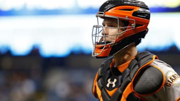 Jun 17, 2016; St. Petersburg, FL, USA; San Francisco Giants catcher Buster Posey (28) looks on against the Tampa Bay Rays at Tropicana Field. Mandatory Credit: Kim Klement-USA TODAY Sports