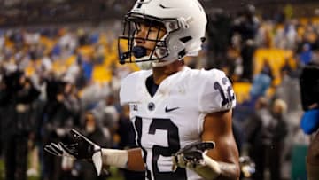 PITTSBURGH, PA - SEPTEMBER 08: Mac Hippenhammer #12 of the Penn State Nittany Lions reacts after catching a 11 yard touchdown pass against the Pittsburgh Panthers in the fourth quarter on September 8, 2018 at Heinz Field in Pittsburgh, Pennsylvania. (Photo by Justin K. Aller/Getty Images)