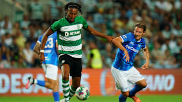 FARO, PORTUGAL - JULY 19: Youssef Chermiti of Sporting CP with Patrik Hrosovsky of KRC Genk in action during the Pre-Season Friendly match between Sporting CP and KRC Genk at Estadio Algarve on July 19, 2023 in Faro, Portugal. (Photo by Gualter Fatia/Getty Images)