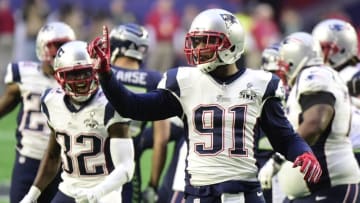 Feb 1, 2015; Glendale, AZ, USA; New England Patriots outside linebacker Jamie Collins (91) reacts after a play during the first quarter against the Seattle Seahawks in Super Bowl XLIX at University of Phoenix Stadium. Mandatory Credit: Matt Kartozian-USA TODAY Sports