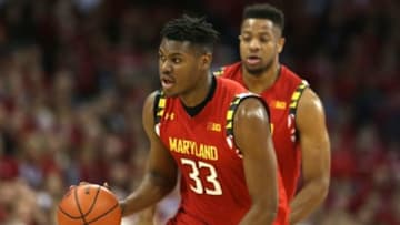 Jan 9, 2016; Madison, WI, USA; Maryland Terrapins center Diamond Stone (33) moves the ball up the floor during the game with the Wisconsin Badgers at the Kohl Center. Maryland defeated Wisconsin 63-60. Mandatory Credit: Mary Langenfeld-USA TODAY Sports