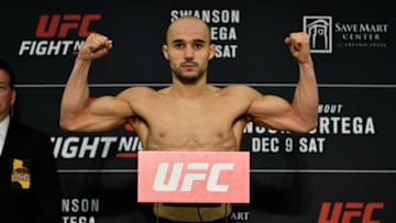 FRESNO, CA - DECEMBER 08: Marlon Moraes of Brazil poses on the scale during the UFC Fight Night weigh-in inside Valdez Hall on December 8, 2017 in Fresno, California. (Photo by Jeff Bottari/Zuffa LLC/Zuffa LLC via Getty Images)