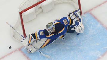ST. LOUIS, MO - APRIL 14: Jordan Binnington #50 of the St. Louis Blues blocks a shot from the Winnipeg Jets in Game Three of the Western Conference First Round during the 2019 NHL Stanley Cup Playoffs at Enterprise Center on April 14, 2019 in St. Louis, Missouri. (Photo by Joe Puetz/NHLI via Getty Images)
