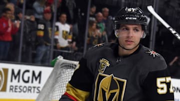 LAS VEGAS, NV - MARCH 20: David Perron #57 of the Vegas Golden Knights skates during warmups before a game against the Vancouver Canucks at T-Mobile Arena on March 20, 2018 in Las Vegas, Nevada. The Golden Knights won 4-1. (Photo by Ethan Miller/Getty Images)