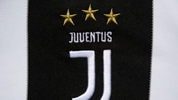 MANCHESTER, ENGLAND - MAY 06: The Juventus club crest on the first team home shirt displayed on May 6, 2020 in Manchester, England (Photo by Visionhaus)