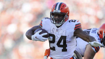 Nov 7, 2021; Cincinnati, Ohio, USA; Cleveland Browns running back Nick Chubb (24) runs with the ball against the Cincinnati Bengals in the first half at Paul Brown Stadium. Mandatory Credit: Katie Stratman-USA TODAY Sports