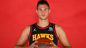 ATLANTA, GA - SEPTEMBER 27: Danilo Gallinari #8 of the Atlanta Hawks poses for a portrait during media day at PC&E Atlanta on September 27, 2021 in Atlanta, Georgia. (Photo by Todd Kirkland/Getty Images)