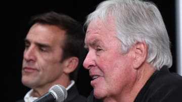 LAS VEGAS, NV - JULY 13: George McPhee (L) listens as majority owner of the Las Vegas NHL franchise Bill Foley speaks after announcing McPhee as the team's general manager during a news conference at T-Mobile Arena on July 13, 2016 in Las Vegas, Nevada. (Photo by Ethan Miller/Getty Images)