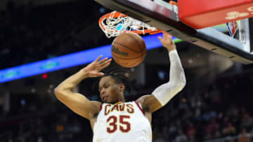 Dec 15, 2021; Cleveland, Ohio, USA; Cleveland Cavaliers forward Isaac Okoro (35) dunks in the third quarter against the Houston Rockets at Rocket Mortgage FieldHouse. Mandatory Credit: David Richard-USA TODAY Sports
