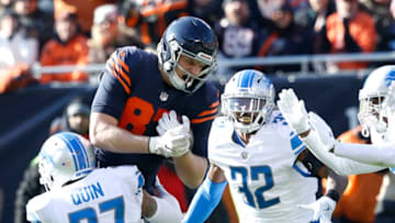 CHICAGO, IL - NOVEMBER 19: Adam Shaheen #87 of the Chicago Bears is hit by Glover Quin #27 of the Detroit Lions in the first quarter at Soldier Field on November 19, 2017 in Chicago, Illinois. (Photo by Joe Robbins/Getty Images)
