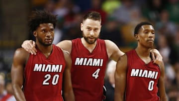 Apr 13, 2016; Boston, MA, USA; Miami Heat forward Justise Winslow (20), forward Josh McRoberts (4) and guard Josh Richardson (0) walk off the court during the first half of a game against the Boston Celtics at TD Garden. Mandatory Credit: Mark L. Baer-USA TODAY Sports