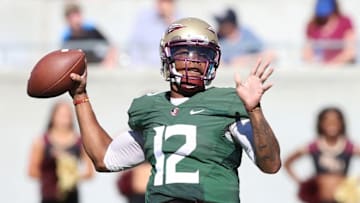 Apr 9, 2016; Orlando, FL, USA; Florida State Seminoles quarterback Deondre Francois (12) drops back to pass during the Florida State spring game at the Citrus Bowl. Mandatory Credit: Logan Bowles-USA TODAY Sports