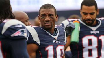 FOXBORO, MA - OCTOBER 02: Malcolm Mitchell #19 of the New England Patriots reacts from the sideline in the first half during a game with the Buffalo Bills at Gillette Stadium on October 2, 2016 in Foxboro, Massachusetts. He was involved with an altercation with Robert Blanton #26 of the Buffalo Bills before the start of their game. (Photo by Jim Rogash/Getty Images)