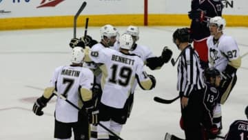 Apr 21, 2014; Columbus, OH, USA; Pittsburgh Penguins defenseman Brooks Orpik (44) celebrates a goal against the Columbus Blue Jackets during the second period in game three of the first round of the 2014 Stanley Cup Playoffs at Nationwide Arena. Mandatory Credit: Russell LaBounty-USA TODAY Sports