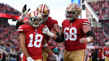 SANTA CLARA, CA - DECEMBER 09: Dante Pettis #18 of the San Francisco 49ers celebrates after scoring on a one-yard catch against the Denver Broncos during their NFL game at Levi's Stadium on December 9, 2018 in Santa Clara, California. (Photo by Robert Reiners/Getty Images)