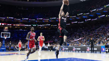 Miami Heat guard Tyler Herro (14) drives for a basket against the Philadelphia 76ers(Bill Streicher-USA TODAY Sports)