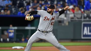 KANSAS CITY, MISSOURI - JUNE 12: Relief Nick Ramirez #63 of the Detroit Tigers throws in the seventh inning against the Kansas City Royals at Kauffman Stadium on June 12, 2019 in Kansas City, Missouri. (Photo by Ed Zurga/Getty Images)
