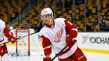 28 September 2016: Detroit Red Wings defenseman Filip Hronek (87) skates in warm up. The Detroit Red Wings defeated the Boston Bruins 5-1 in a pre-season NHL game at TD Garden in Boston, Massachusetts. (Photo by Fred Kfoury III/Icon Sportswire via Getty Images)