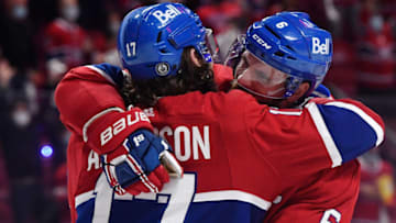Jul 5, 2021; Montreal, Quebec, CAN; Montreal Canadiens right wing Josh Anderson (17) celebrates defenseman Shea Weber (6) after scoring against Tampa Bay Lightning goaltender Andrei Vasilevskiy (not pictured) during the overtime period in game four of the 2021 Stanley Cup Final at the Bell Centre. Mandatory Credit: Eric Bolte-USA TODAY Sports