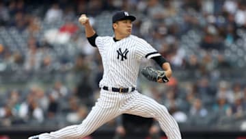 BRONX, NY - APRIL 20: Masahiro Tanaka #19 of the New York Yankees pitches during the game against the Kansas City Royals at Yankee Stadium on Saturday, April 20, 2019 in the Bronx borough of New York City. (Photo by Rob Tringali/MLB Photos via Getty Images)
