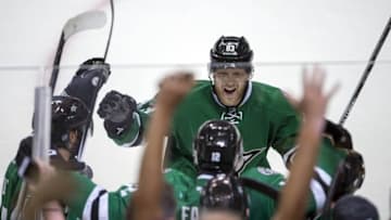 Apr 29, 2016; Dallas, TX, USA; Dallas Stars right wing Ales Hemsky (83) and center Radek Faksa (12) celebrate Faksa
