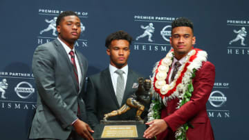 Dwayne Haskins, Ohio State Buckeyes, Kyler Murray, Oklahoma Sooners, Tua Tagovailoa, Alabama Crimson Tide, Heisman Trophy. (Photo by Rich Graessle/Icon Sportswire via Getty Images)
