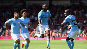 BOURNEMOUTH, ENGLAND - AUGUST 26: Raheem Sterling of Manchester City celebrates scoring his sides second goal with his Manchester City team mates during the Premier League match between AFC Bournemouth and Manchester City at Vitality Stadium on August 26, 2017 in Bournemouth, England. (Photo by Mike Hewitt/Getty Images)