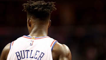 WASHINGTON, DC - JANUARY 09: Jimmy Butler #23 of the Philadelphia 76ers looks on in the second half against the Washington Wizards at Capital One Arena on January 09, 2019 in Washington, DC. NOTE TO USER: User expressly acknowledges and agrees that, by downloading and or using this photograph, User is consenting to the terms and conditions of the Getty Images License Agreement. (Photo by Rob Carr/Getty Images)