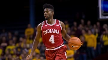 Jan 16, 2016; Minneapolis, MN, USA; Indiana Hoosiers guard Robert Johnson (4) dribbles in the first half against the Minnesota Gophers at Williams Arena. Mandatory Credit: Brad Rempel-USA TODAY Sports