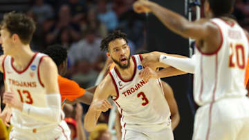 GREENVILLE, SOUTH CAROLINA - MARCH 18: Isaiah Mobley #3 of the USC Trojans reacts after scoring against the \ during the second half in the first round game of the 2022 NCAA Men's Basketball Tournament at Bon Secours Wellness Arena on March 18, 2022 in Greenville, South Carolina. (Photo by Kevin C. Cox/Getty Images)