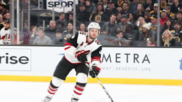 BOSTON, MA - FEBRUARY 08: Arizona Coyotes Defenceman Niklas Hjalmarsson (4) passes the puck during the game between Coyotes and Bruins on February 08, 2020, at TD Garden in Boston, Massachusetts.(Photo by Mark Box/Icon Sportswire via Getty Images)
