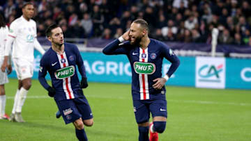 Neymar Jr of PSG celebrates his goal on a penalty kick with Pablo Sarabia. (Photo by Jean Catuffe/Getty Images)