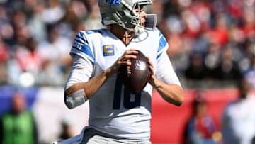 Oct 9, 2022; Foxborough, Massachusetts, USA; Detroit Lions quarterback Jared Goff (16) looks to throw against the New England Patriots during the first half at Gillette Stadium. Mandatory Credit: Brian Fluharty-USA TODAY Sports