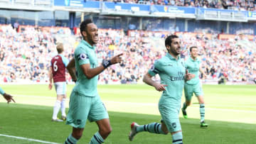 BURNLEY, ENGLAND - MAY 12: (L) Pierre-Emerick Aubameyang celebrates scoring the 2nd Arseal goal with Henrikh Mkhitaryan (R) during the Premier League match between Burnley FC and Arsenal FC at Turf Moor on May 12, 2019 in Burnley, United Kingdom. (Photo by Stuart MacFarlane/Arsenal FC via Getty Images)