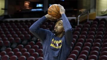 Jan 7, 2015; Cleveland, OH, USA; Cleveland Cavaliers guard J.R. Smith (5) warms up before a game against the Houston Rockets at Quicken Loans Arena. Mandatory Credit: Ron Schwane-USA TODAY Sports