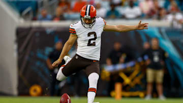 Auburn footballAug 14, 2021; Jacksonville, Florida, USA; Cleveland Browns kicker Cody Parkey (2) kicks off in the first quarter against the Jacksonville Jaguars at TIAA Bank Field. Mandatory Credit: Nathan Ray Seebeck-USA TODAY Sports