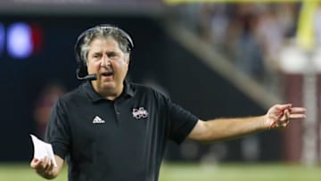 Oct 2, 2021; College Station, Texas, USA; Mississippi State Bulldogs head coach Mike Leach argues a call while playing against the Texas A&M Aggies in the third quarter at Kyle Field. Mandatory Credit: Thomas Shea-USA TODAY Sports