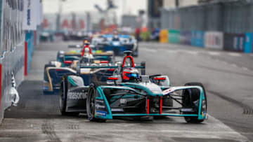 ROME, ITALY - APRIL 14: In this handout provided by FIA Formula E, Mitch Evans (NZL), Panasonic Jaguar Racing, Jaguar I-Type II, leads Andre Lotterer (BEL), TECHEETAH, Renault Z.E. 17. during the Rome ePrix, Round 7 of the 2017/18 FIA Formula E Series at Circuito Cittadino Dell'EUR on April 14, 2018 in Rome, Italy. (Photo by Sam Bloxham/FIA Formula E via Getty Images)