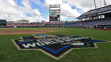 Omaha, NE - JUNE 25: A general view of TD Ameritrade Park as the grounds crew gets the field ready for game one of the College World Series Championship Series between the Arkansas Razorbacks and the Oregon State Beavers on June 25, 2018 at in Omaha, Nebraska. (Photo by Peter Aiken/Getty Images)