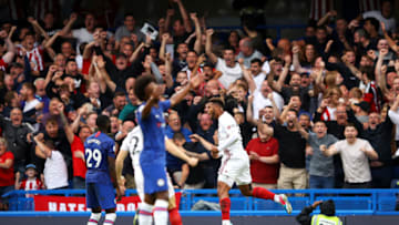 LONDON, ENGLAND - AUGUST 31: Sheffield United players celebrate after their team's second goal during the Premier League match between Chelsea FC and Sheffield United at Stamford Bridge on August 31, 2019 in London, United Kingdom. (Photo by Warren Little/Getty Images)